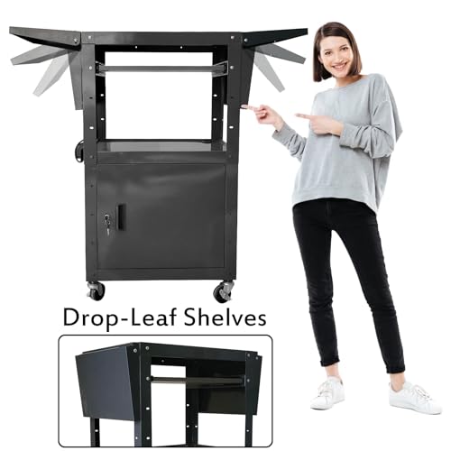 AV Cart with Locking Cabinet and Keyboard Tray Height Adjustable Utility Cart with Extra Storage,Computer Cart with Wheels and Power Strip for Presentations Office Holds 300 Lbs(Black/43”x18”x43”) - size: 43”x18”x43”