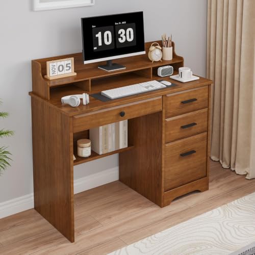 4 EVER WINNER Small Desk with Drawers for Small Spaces, 44'' Wood Desk with File Drawer & Monitor Stand, Office Desks Writing Study Table for Bedroom, Living Room, Brown - color: Brown