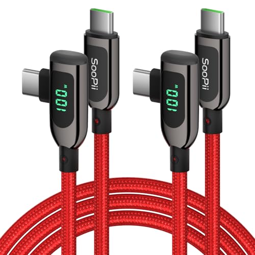 SOOPII 100W Right Angle USB C to USB C Cable,2Pack 6.6FT Zinc Alloy Case Nylon Braided Type-C Cable with LED Display for iPhone 17/16,lPad Air/Pro,MacBook Pro,Samsung S23/S22/S10,Pixel,LG,Red - color: Red, size: 2-Pack 6.6 ft