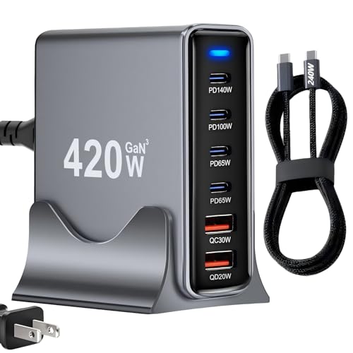 420W USB C Fast Charger Block, PD 3.1 140W USB C Charging Station, GaN Ⅲ Multi-Port PD PPS Fast Charging Station for Multiple Devices,Laptop Wall Charger Compatible with MacBook iPad iPhone 17/16 etc - size: 420W+A 240W Braided Nylon Fast Charging Cable