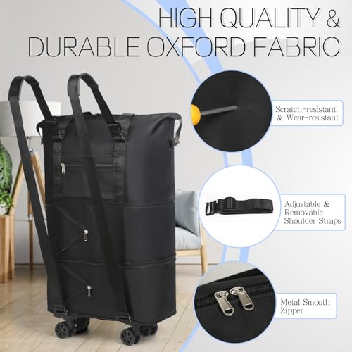 VOOWO Duffel Bag with Wheels - Rolling Foldable Expandable Duffle Bag with Wheels for Travel, Rolling Luggage Bag Carry On Travel Bag with Wheels, Large Wheeled Overnight Weekender Bag (Black) - color: Black