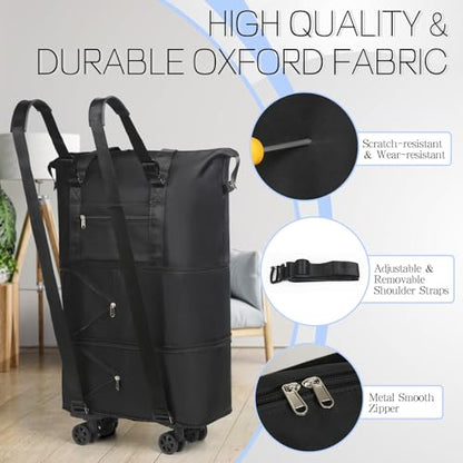 VOOWO Duffel Bag with Wheels - Rolling Foldable Expandable Duffle Bag with Wheels for Travel, Rolling Luggage Bag Carry On Travel Bag with Wheels, Large Wheeled Overnight Weekender Bag (Black) - color: Black