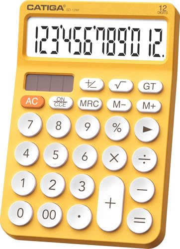 CATIGA 12 Digit Desktop Calculator Basic Desk Calculator with Large LCD Display, Big Buttons, 4 Function, Solar and Battery Dual Power, for Office, School, Home, SD-1292 Yellow - color: 9) Yellow
