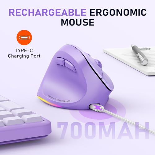 MEETION Left-Handed Wireless Ergonomic Vertical Mouse, Rechargeable -Purple | Dual Bluetooth 5.2/3.0 + USB, RGB lighting, 4 adjustable DPI, compatible with Windows, Mac, PC, iPad and tablets - color: Left Purple