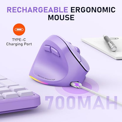 MEETION Left-Handed Wireless Ergonomic Vertical Mouse, Rechargeable -Purple | Dual Bluetooth 5.2/3.0 + USB, RGB lighting, 4 adjustable DPI, compatible with Windows, Mac, PC, iPad and tablets - color: Left Purple