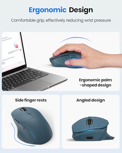 TECKNET Wireless Mouse Bluetooth 5.0/3.0 & 2.4G Rechargeable, Silent Clicks, Adjustable 4800 DPI, 6 Buttons, Ergonomic Design, Bluetooth Mouse for Laptop, Computer, ipad - Blue - color: Blue