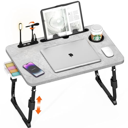 Lap Desk for Bed, Adjustable Laptop Desk with USB Charging Port, Storage Drawer & Bookshelf — Foldable Bed Desk for WFH & Students, 23.6" Desktop Fits 19" Laptop, Non-Slip, Light Stone Texture - color: Light Stone Texture