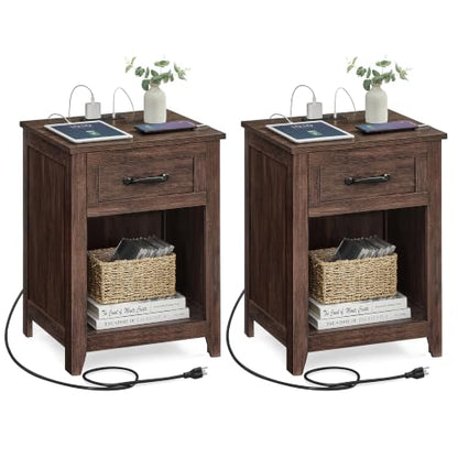 VASAGLE LIRY Collection - Farmhouse Nightstands with Charging Station, Set of 2 Bedside Tables, Side Tables with Drawer, Open Compartment, for Bedroom, Maroon Brown ULET959K51 - color: Maroon Brown, size: 2 PACK, style: 17.7"W x 23.6"H With 1 Drawer