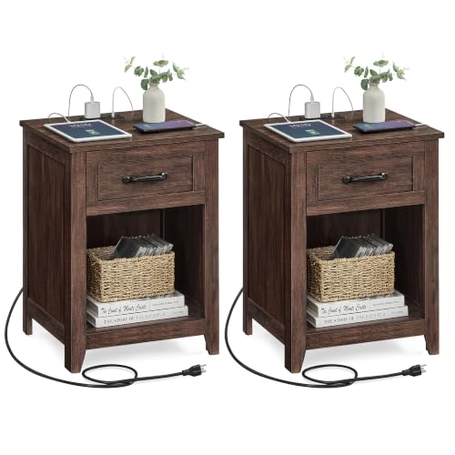 VASAGLE LIRY Collection - Farmhouse Nightstands with Charging Station, Set of 2 Bedside Tables, Side Tables with Drawer, Open Compartment, for Bedroom, Maroon Brown ULET959K51 - color: Maroon Brown, size: 2 PACK, style: 17.7"W x 23.6"H With 1 Drawer