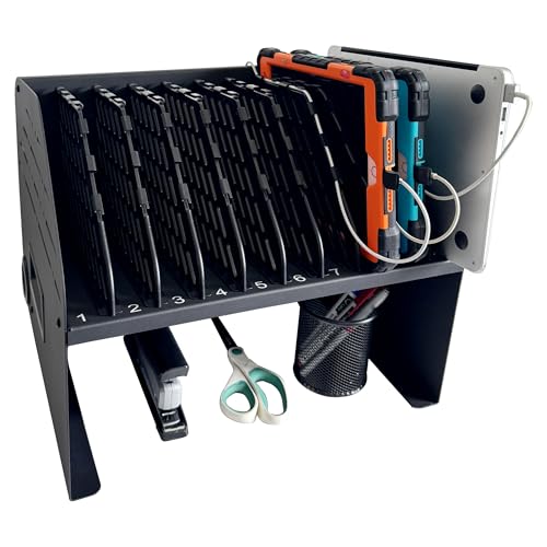 10-Device Laptop & Tablet Charging Station with 6 AC Outlets & 4 Fast-Charging USB Ports, Charging Rack for Chromebooks, iPads & Devices Up to 15.6", Classroom, Office & Library Organizer - color: Black with 10-Device Charging Station