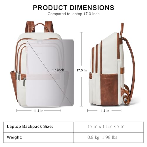 17 inch Leather Laptop Backpack for Women, Large Travel Backpack with 6 Compartments, Computer Backpack Purse for Work College - color: Beige