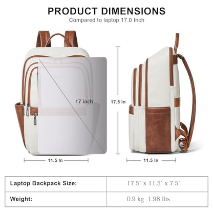 17 inch Leather Laptop Backpack for Women, Large Travel Backpack with 6 Compartments, Computer Backpack Purse for Work College - color: Beige