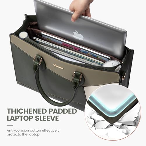 LOVEVOOK Laptop Bag for Women,17 lnch Waterproof Lightweight Leather Tote Bag,Professional Business Office Work Bags with Clutch Purse,Large Capacity Computer Shoulder Handbag,Green-Green-White - color: Army Green - Grass Grey Green - Beige White(leather)