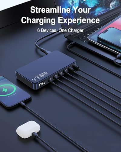 175W USB-C Charger, Ultra-Thin 6 Ports GaN Fast Charging Station, PPS PD 100W Laptop Charger Adapter, LCD Display, Compatible with MacBook Pro/Air, iPhone 15/14/13, Pixel, Galaxy, and More
