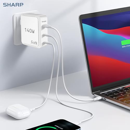Sharp 140W USB C Charger, Compact Foldable GaN Fast Charge 3-Port (2 USB-C, 1 USB-A) Wall Charger for MacBook Pro/Air, iPad Pro, iPhone 15, Galaxy S22/S21, Dell XPS, White - color: White
