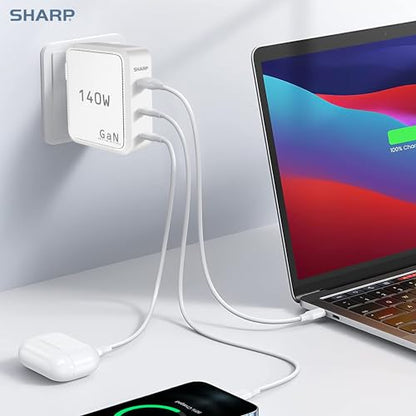Sharp 140W USB C Charger, Compact Foldable GaN Fast Charge 3-Port (2 USB-C, 1 USB-A) Wall Charger for MacBook Pro/Air, iPad Pro, iPhone 15, Galaxy S22/S21, Dell XPS, White - color: White