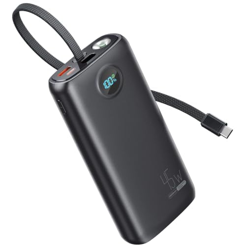 DIAMUAR Portable Charger 20000mAh 45W, Built in USB C Cable, 3W Flashlight | Fast Charging, Digital Display, 3 Ports, All-Day Power, Travel-Ready, for iPhone 17/16/15, Tablet, Laptop, Camping Essentials - color: Black