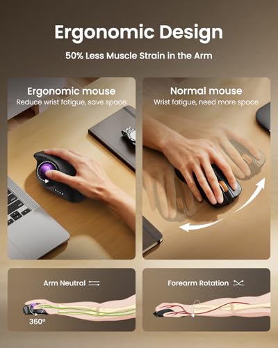 ProtoArc EM02 Wireless Trackball Mouse, Ergonomic Thumb Ball, Purple | 0/15° Adjustable Angle for Different Wrist Positions, Connect 3 Devices Via Bluetooth/2.4G USB-A, Rechargeable Battery - color: Purple