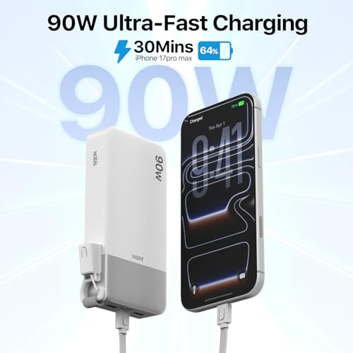 NOBIS Portable Charger 20000mAh 90W Power Bank w/Detachable Cable | 2C+2A USB-C Fast Charging Battery Pack with LED Display,Battery Bank for Laptops, Tablets, Phones and Steam Deck - color: White