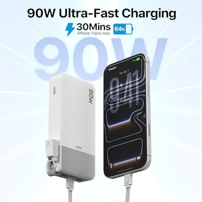 NOBIS Portable Charger 20000mAh 90W Power Bank w/Detachable Cable | 2C+2A USB-C Fast Charging Battery Pack with LED Display,Battery Bank for Laptops, Tablets, Phones and Steam Deck - color: White
