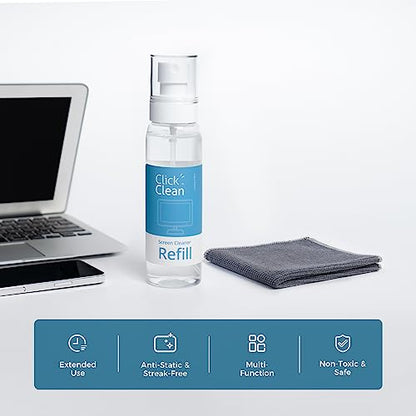 Click Clean Screen Cleaner Refill Kits - 1 Screen Cleane with 4 oz Cleaner Refill and 1 Microfiber Cloth(7.8 x 7.8in), 1 Mini Refill Funnel + 1 Sprayer, for All Phones, Laptop and Tablet Screens