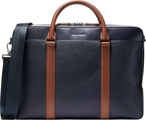 Cole Haan Men's Triboro Leather Briefcase - color: Navy Blazernew British Tan