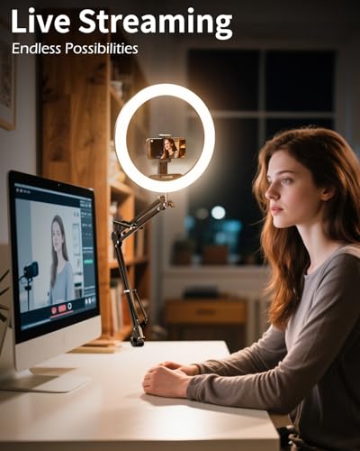 UBeesize 12’’ Overhead Ring Light for Desk with Phone Mount, LED Selfie Light with Adjustable Arm & Clamp, Dimmable Lighting for Video Recording, Zoom, Live Streaming, TikTok, YouTube