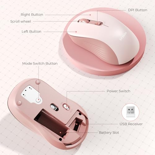 seenda Bluetooth Wireless Mouse, Dual Mode, Quiet 1600 DPI, Pink | Dual-mode Bluetooth and 2.4G USB mouse with quiet clicks, smooth tracking, ergonomic design, and 12-Months battery life - color: Pink