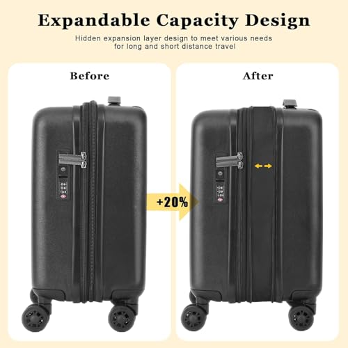 CENSIEN 16 Inch Underseat Carry On Luggage Airline Approved, Expandable Lightweight ABS+PC Hard Shell Suitcases with 360° Spinner Wheels, TSA Lock, YKK Zipper, for Business Weekender (Black, 1 PC) - color: Black, size: Underseat - 16 Inch - EXT