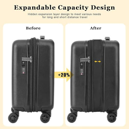 CENSIEN 16 Inch Underseat Carry On Luggage Airline Approved, Expandable Lightweight ABS+PC Hard Shell Suitcases with 360° Spinner Wheels, TSA Lock, YKK Zipper, for Business Weekender (Black, 1 PC) - color: Black, size: Underseat - 16 Inch - EXT