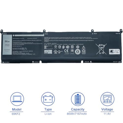 JOTACT 69KF2 Battery Compatible with Dell G7 15 7500 G15 5521 5515 5520 5510 XPS 15 9510 9520 9500 Precision 5560 5570 5550 Alienware M15 R4 R3 M17 R3 R4 Inspiron 7510 7620 7610 P87F P45E P91F 86Wh - size: 11.42*3.25*0.27 inch 69KF2