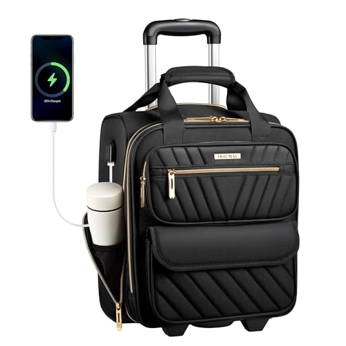HotWay Underseat Carry On Luggage with Wheels, 16 Inch Rolling Personal Item Bag with USB Port & Multi Pockets, Lightweight Soft Sided Suitcase for Airline Travel, Black