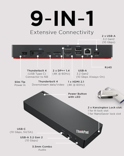 Lenovo ThinkPad Universal Thunderbolt 4 Dock | 4 Displays | 100W Charge | Thunderbolt 4 connectivity Supports up to four 4K displays 100W dynamic power delivery 11 multi-functional ports