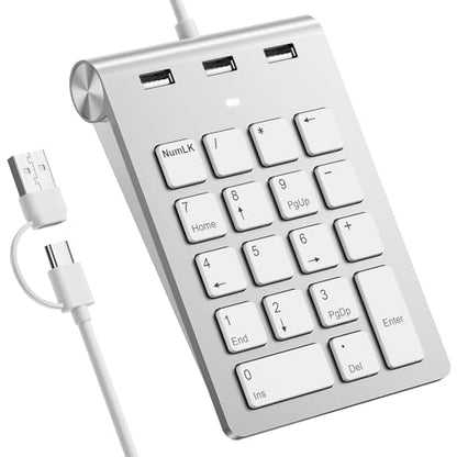 Wired Numeric Keypad USB-C & USB-A - 18 Keys Number Pad with 3 USB 2.0 Port, 15° Ergonomic Numeric Pad for Laptop/ Desktop/ Surface/ iPad, USB Number Keypad for Windows/macOS/Chrome OS, Plug & Play - color: White