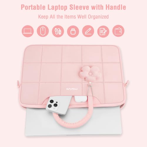 MOSISO Laptop Bag 16 inch, 15-15.6 inch Puffy Laptop Sleeve Compatible with MacBook Pro 16/Air 15,HP Acer Dell Lenovo Notebook, Messenger Briefcase Quilted Bag with Trolley Sleeve&Flower Pendant, Pink - color: Pink