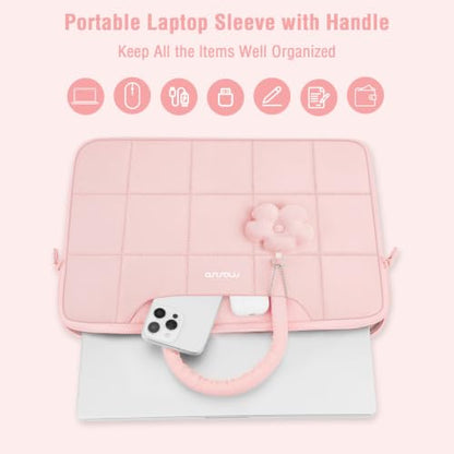 MOSISO Laptop Bag 16 inch, 15-15.6 inch Puffy Laptop Sleeve Compatible with MacBook Pro 16/Air 15,HP Acer Dell Lenovo Notebook, Messenger Briefcase Quilted Bag with Trolley Sleeve&Flower Pendant, Pink - color: Pink
