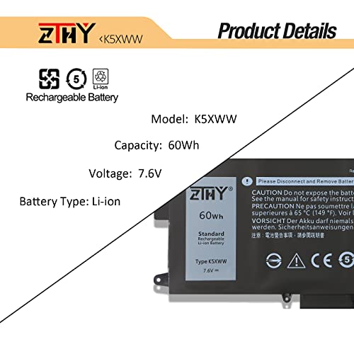 ZTHY 60Wh K5XWW 71TG4 Laptop Battery Replacement for Dell Latitude 7389 | Latitude 7390 Latitude 12 5000 5289 2-in-1 L3180 E5289 P29S001 P29S002 Series 451-BBZC 6CYH6 725KY N18GG CFX97 7.6V 4-Cell - size: 10.04*4.53*0.20 inch K5XWW