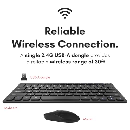 Macally Small Wireless Keyboard and Mouse Combo - Quiet Productivity Duo - 2.4G Wireless Compact Keyboard and Mouse for PC - 78 Key Mini Keyboard and Mouse with Slim Body, Click Buttons, & 3 DPI Modes - color: Black
