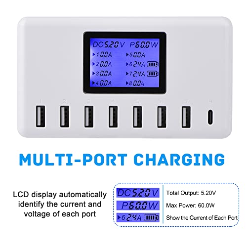 60W 12A 8-Port USB Charging Station - Multi Port USB Hub Charger with LCD Display - Compatible with iPhone, iPad, Samsung, Kindle, Tablet, Bluetooth Earbuds and More - color: white