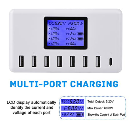 60W 12A 8-Port USB Charging Station - Multi Port USB Hub Charger with LCD Display - Compatible with iPhone, iPad, Samsung, Kindle, Tablet, Bluetooth Earbuds and More - color: white