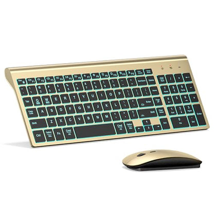 Wireless Backlit Keyboard and Mouse Ultra Slim Combo, TopMate 2.4G Silent Compact 2400DPI Mouse and Scissor Switch Keyboard Set, Batteries Included, for PC/Laptop/Windows/Mac/Gaming - BL Gold Black - color: BL Gold Black