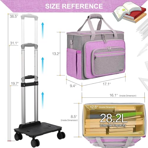Rolling Teacher Bag With Wheels, Tote Organizer With Detachable Trolley - color: Purple