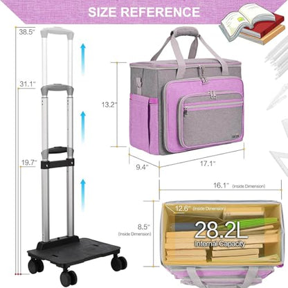 Rolling Teacher Bag With Wheels, Tote Organizer With Detachable Trolley - color: Purple