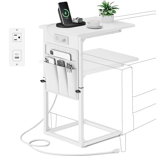 Vagusicc C Shaped End Table with Charging Station, Adjustable Height Side Table for Couch, Small Sofa Table for Small Spaces, Slide Under Sofa Table TV Tray Arm Tables for Living Room, Bedroom, White - color: White, style: With Plug