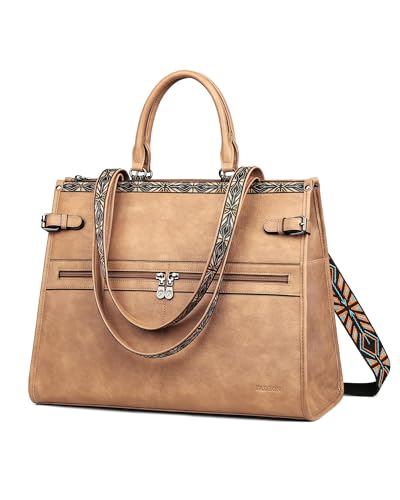 FADEON Laptop Bag for Women Designer PU Leather Large Tote Bags Backpack Purses with 15.6 Laptop Compartment Shoulder Handbag - color: Camel Brown Retro Style