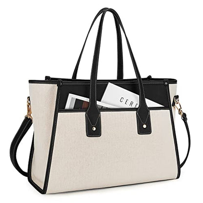 Missnine Tote Bag Canvas Laptop Bag 15.6 inch Work Bags for Women Teacher Bag Casual Computer Shoulder Purse for Office, College, Travel - color: Black+beige