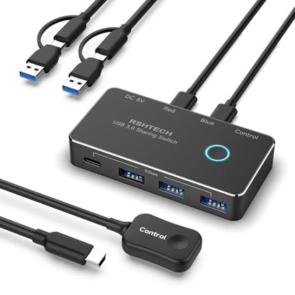 RSHTECH USB 3.0/USB C Switch 2 Computers Share 4 USB Devices, RSH-A201R | USB Switcher Selector with 4 USB 3.0 Data Ports(3 USB-A+1 USB-C), 2 Cables and Controller for Keyboard, Mouse and Printer - size: 4 Ports USB Switch