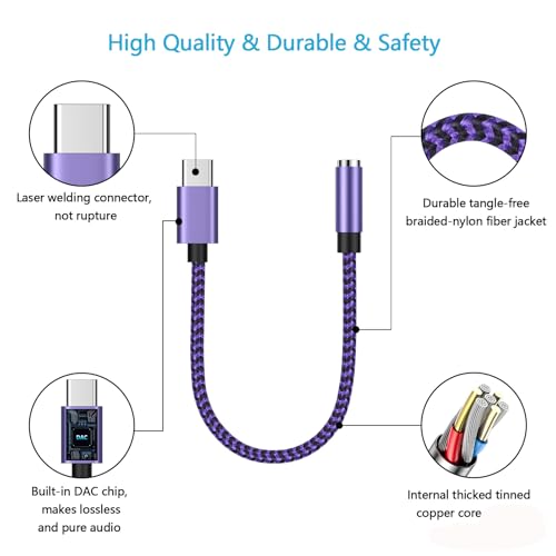 for iPhone 16e 17e 16 17 Pro Max Air, Headphone Earphone Jack Adapter for iPhone 16 Plus, 15, 15 Pro, 15 Pro Max, 15 Plus, USB C to 3.5mm Headset Earbud Audio Adapter for Samsung Galaxy S25 Edge Ultra - color: Purple