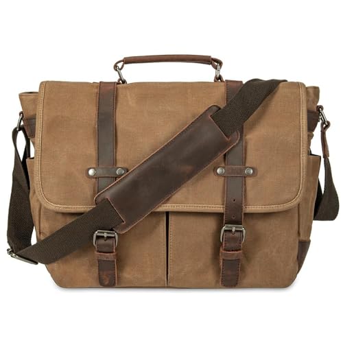 Vintage Genuine Leather Waxed Canvas Briefcase Large Satchel Shoulder Bag Rugged Computer 15.6" Laptop Bag - color: Brown