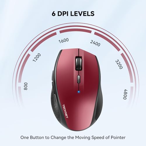TECKNET Bluetooth Mouse, Wireless Silent 6 Buttons 2-Yr Battery, Red | BT 5.0/3.0, 6-Level DPI to 4800, Wide OS Compatible, Ergonomic for M/L Hands, Extended Battery - color: Red